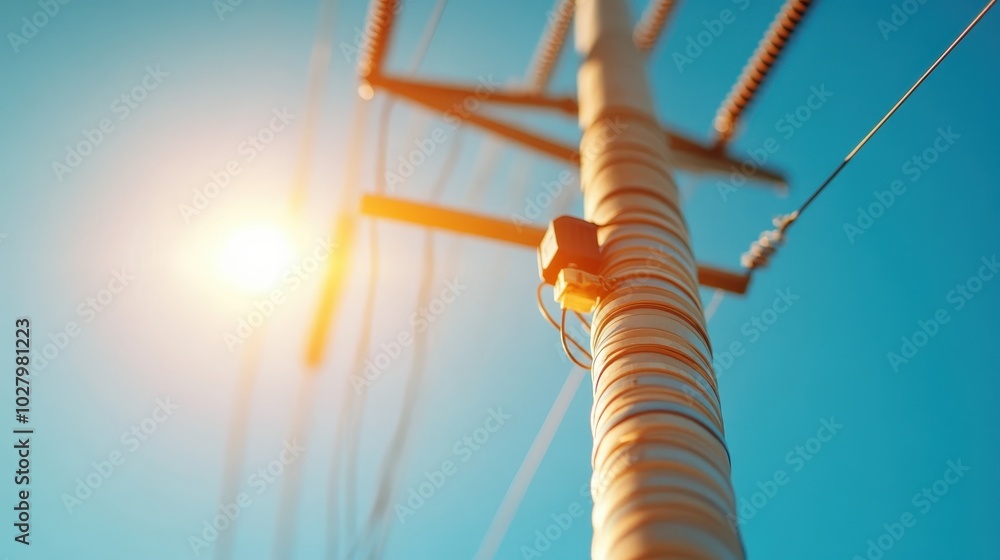 A perspective shot of an electric pole rising dramatically against a clear blue sky with the sun shining brightly, symbolizing power and human ingenuity. A perspective shot of an electric pole rising dramatically against a clear blue sky with the sun shining brightly, symbolizing power and human ingenuity.