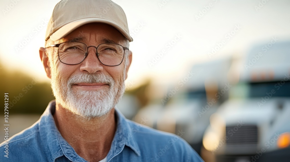 A mature man wearing a cap and glasses smiles warmly in front of several trucks, conveying a sense of satisfaction and accomplishment in his surroundings. A mature man wearing a cap and glasses smiles warmly in front of several trucks, conveying a sense of satisfaction and accomplishment in his surroundings.