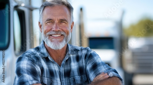 An elderly man with a gray beard is smiling confidently while standing outside next to a truck, wearing a plaid shirt, exuding happiness and fulfillment.