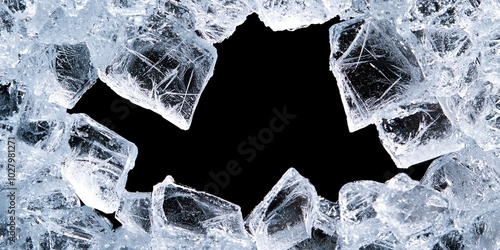 Hole, broken in a pure transparent crushed ice with cracks on a black background,  photo