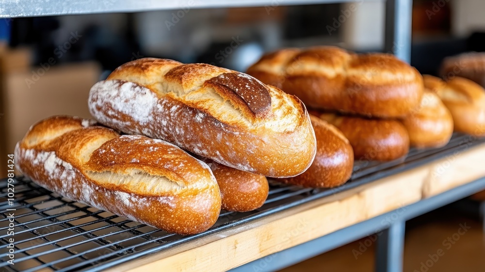 Freshly baked golden brown baguettes displayed on a cooling rack in a bakery, highlighting their rustic texture and artisanal quality, ready for consumption. Freshly baked golden brown baguettes displayed on a cooling rack in a bakery, highlighting their rustic texture and artisanal quality, ready for consumption.