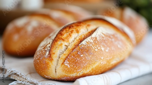 This image captures freshly baked artisanal bread with a golden crust resting on a white cloth, conveying warmth and homemade comfort in a culinary setting.