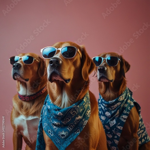 Funny cool group of gang dogs in sunglasses bandana posing for studio fashion shoot photo