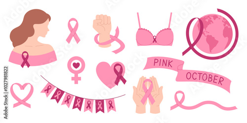 Breast cancer awareness elements set. Pink october month. Pink ribbons, woman, bra, hands, hearts, flags and earth. Vector flat illustration isolated on white background