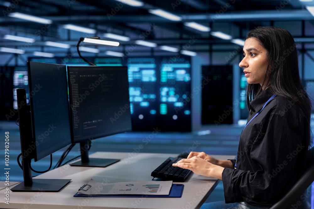 Software developer in server hub checking recovery plan, monitoring data center energy consumption. Indian woman in server room making sure sensors are functioning optimally, doing routine disk checks Software developer in server hub checking recovery plan, monitoring data center energy consumption. Indian woman in server room making sure sensors are functioning optimally, doing routine disk checks