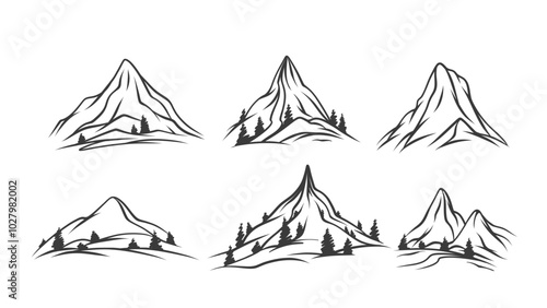 Mountains icon, doodle high rocks. Retro simple rocky ridge, terrain with pine trees. Nature, climbing expedition mascot, hand drawn mountains range contour icons collection vector illustration