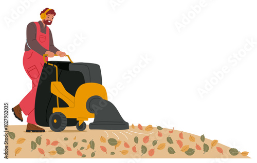 Worker Pushing A Leaf Blower Machine While Collecting Autumn Leaves In A City Park. Showing A Focus On Urban Cleanliness