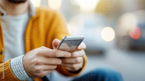 A person in casual attire is seated in a parked car, focusing on a smartphone screen, engaging in text communication as the bustling street unfolds outside.