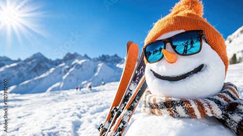 A snowman adorned with an orange scarf and sunglasses relaxes in sunny snow, next to skis, with mountainous terrain in the background and bright sun overhead.