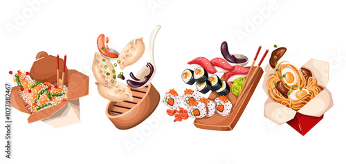 Flying cartoon Asian food set. Falling fried noodles and rice with meat, salmon and egg, Japanese sushi and rolls, Chinese Dim sum dumplings. Portions of Asian cartoon meals vector illustration