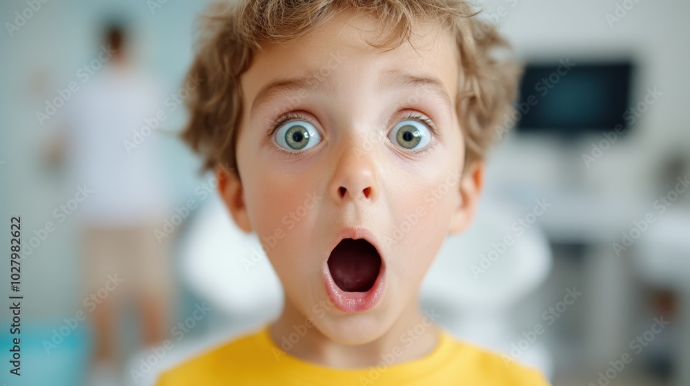 A young boy wearing a yellow shirt looks shocked as he stands indoors, his eyes wide open and mouth agape, capturing a moment of surprise and wonder. A young boy wearing a yellow shirt looks shocked as he stands indoors, his eyes wide open and mouth agape, capturing a moment of surprise and wonder.