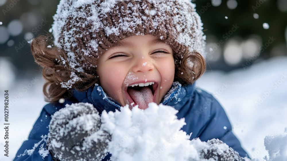 Outside in winter, a child with a knitted hat joyfully catches snowflakes on their tongue, showcasing pure joy amidst a snowy landscape, framed by trees. Outside in winter, a child with a knitted hat joyfully catches snowflakes on their tongue, showcasing pure joy amidst a snowy landscape, framed by trees.