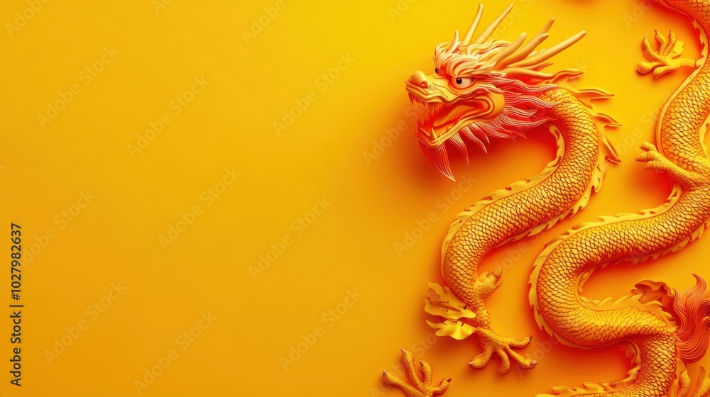 Obraz premium Golden dragon sculpture on a yellow background