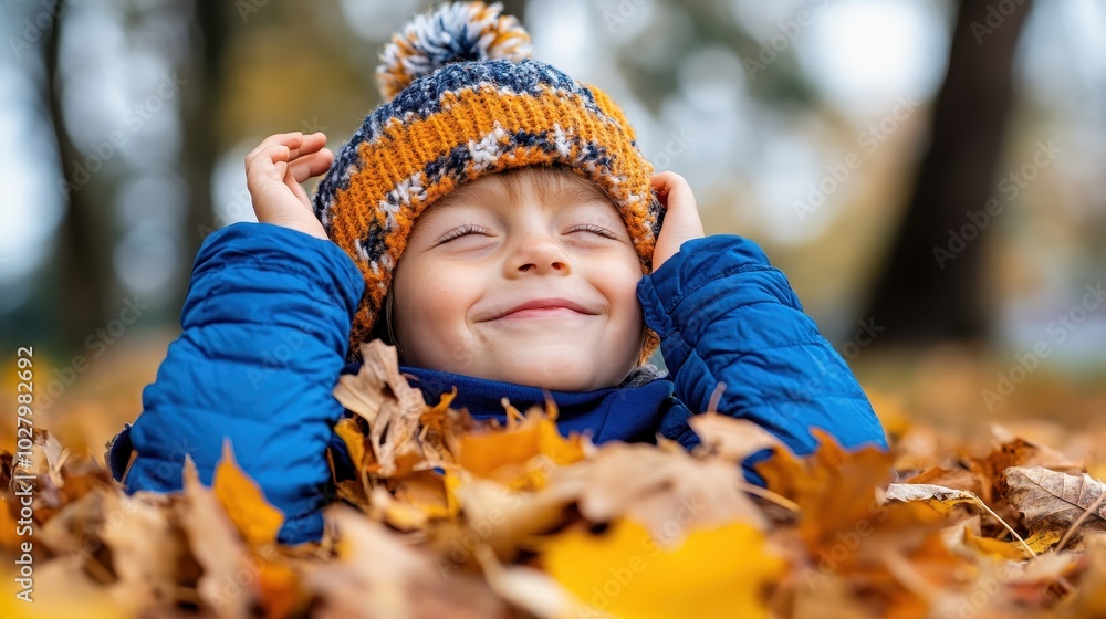 A joyful young child dressed in a stylish blue jacket and orange knit hat, happily nestled among vibrant autumn leaves under a tranquil, cloud-speckled sky.