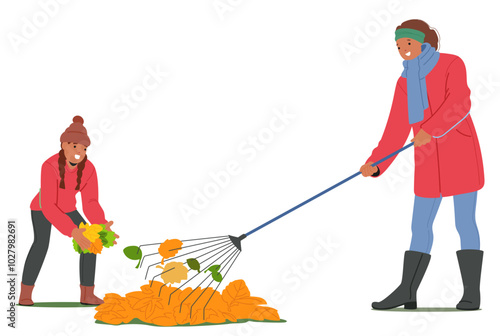 Woman And A Girl Are Working Together To Gather Autumn Leaves In A Backyard. Cartoon Vector Isolated on White Background