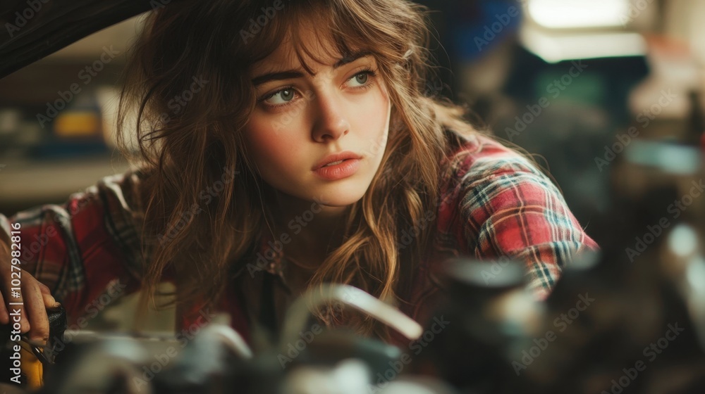 Fototapeta premium Focused young woman mechanic working on car engine in garage