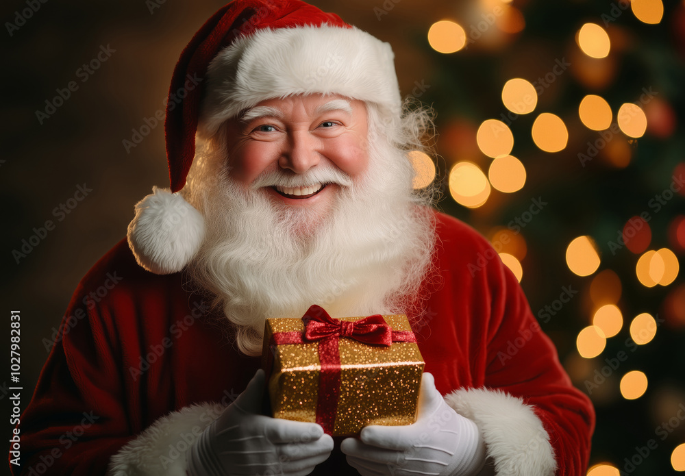 Close-up of a happy Santa Claus holding a present box with golden ribbon and decorated for Christmas living room in the background Close-up of a happy Santa Claus holding a present box with golden ribbon and decorated for Christmas living room in the background