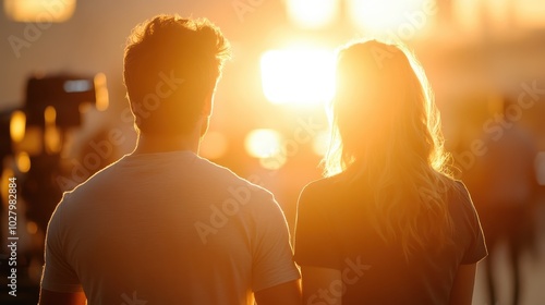 A man and woman stand together watching a beautiful sunset, casting their silhouettes against a warm, glowing sky. The setting is lively yet serene.