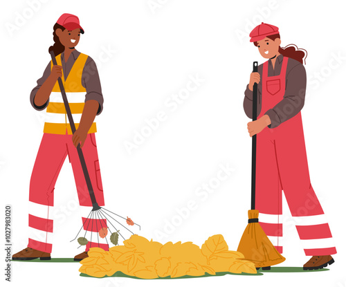 Two Female Workers In Reflective Uniforms Raking And Sweeping Autumn Leaves Into Piles In A City Park Environment