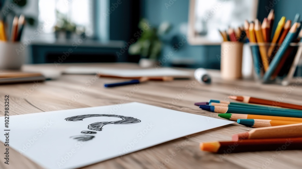 A monochrome question mark drawing lies flat on a wooden table, surrounded by an array of pencils in the background, within an artist's creative workspace.