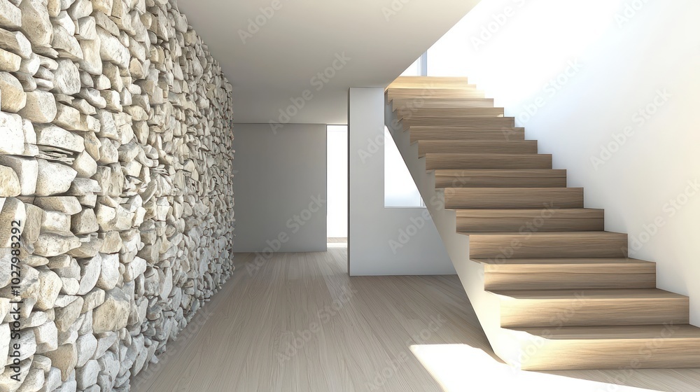 Modern interior showcasing a wooden staircase, white walls, and a stone wall accent on the left, rendered in high-definition Modern interior showcasing a wooden staircase, white walls, and a stone wall accent on the left, rendered in high-definition