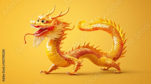 Golden dragon sculpture on a yellow background