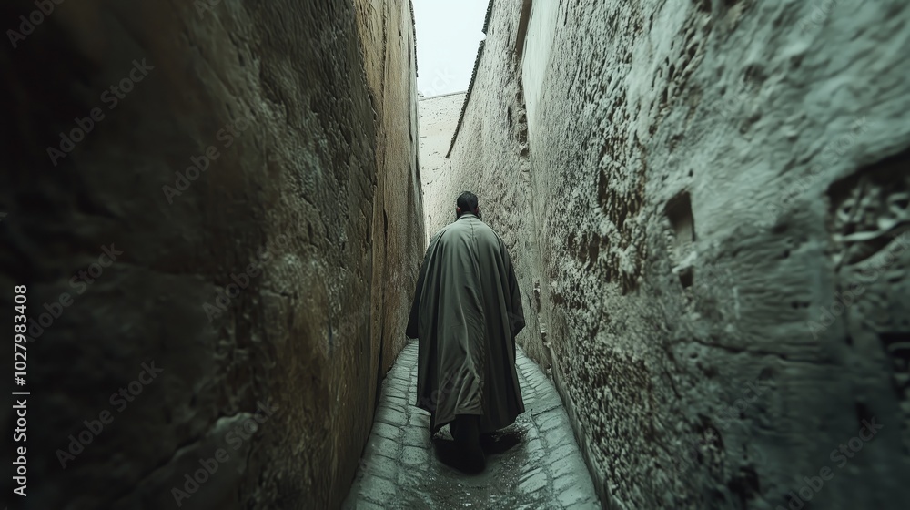 a narrow path of anxiety with two very close walls and a man in the middle with ancient clothes a narrow path of anxiety with two very close walls and a man in the middle with ancient clothes