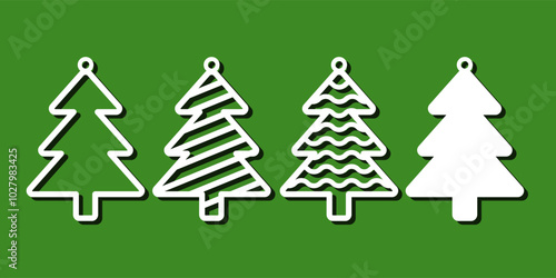 Set of Christmas fir tree shaped designs for hanging ornaments, pendant or earrings. Winter holidays laser cut template. Cnc cutting with metal, wood or leather. New Years decorative vector elements