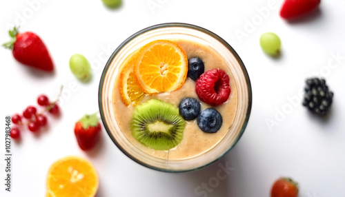 Smoothie Glass. A glass filled with fresh smoothie with fruits on the side, isolated on a white background