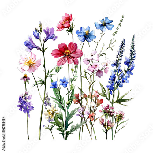 Watercolor field flowers featuring wild garden plants for botanical illustrations