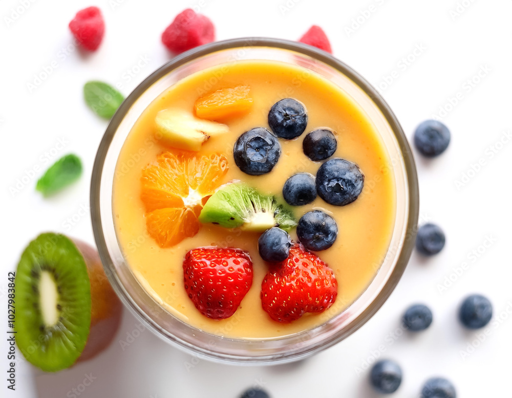 Smoothie Glass. A glass filled with fresh smoothie with fruits on the side, isolated on a white background Smoothie Glass. A glass filled with fresh smoothie with fruits on the side, isolated on a white background