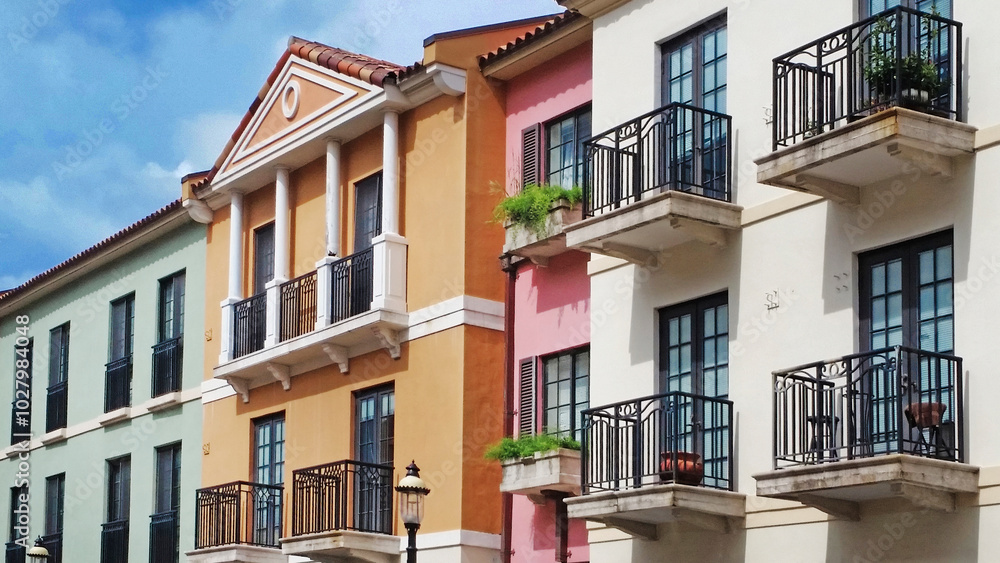 Windows in facade with Spanish style, at Palm Beach, Florida, USA, 2019 Windows in facade with Spanish style, at Palm Beach, Florida, USA, 2019