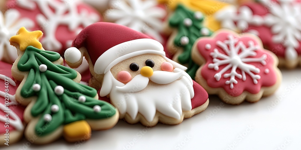 Christmas-themed icing cookie designs featuring Santa Claus, reindeer, Christmas trees, and holiday decorations. Christmas-themed icing cookie designs featuring Santa Claus, reindeer, Christmas trees, and holiday decorations.