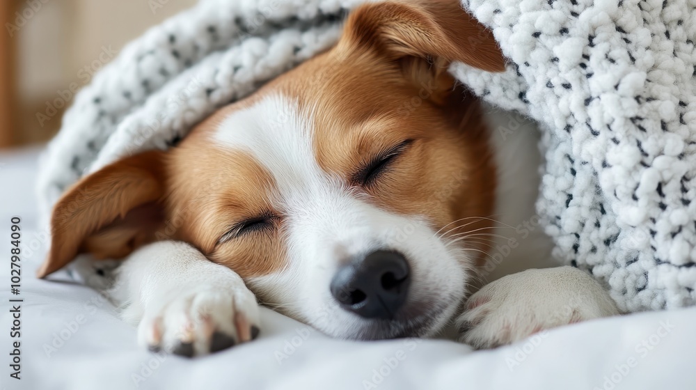 A single dog sleeps soundly under a textured blanket, highlighting the peacefulness of rest and the warmth of home, with a gentle focus on comfort and security. A single dog sleeps soundly under a textured blanket, highlighting the peacefulness of rest and the warmth of home, with a gentle focus on comfort and security.