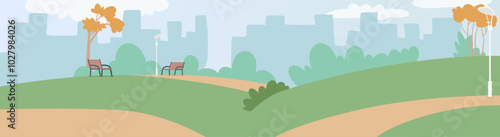 Serene Park With Benches, Lamp Posts, And Distant City Skyline. Cartoon Vector Park Area Features Rolling Green Hills