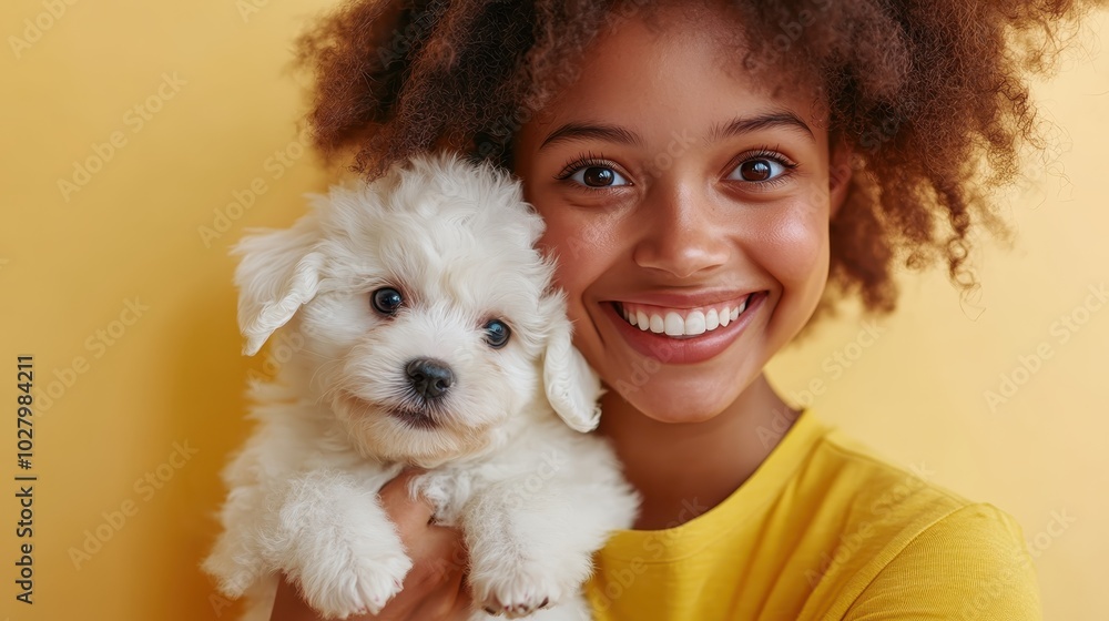 A joyful young girl with expressive eyes cuddles a fluffy white puppy, showcasing pure love and contentment in front of a soft yellow backdrop. A joyful young girl with expressive eyes cuddles a fluffy white puppy, showcasing pure love and contentment in front of a soft yellow backdrop.