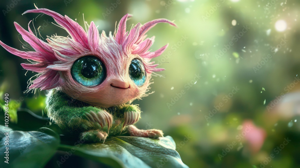 A cute, pink and green creature with large blue eyes sits on a leaf in a forest setting. A cute, pink and green creature with large blue eyes sits on a leaf in a forest setting.
