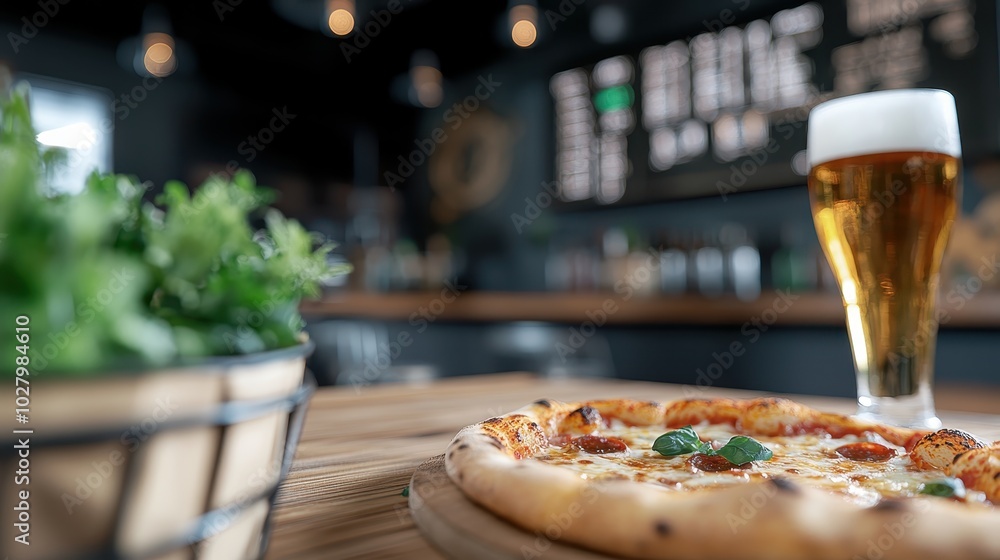 A freshly baked pizza sits beside a glass of frothy beer on a wooden table in a dimly lit bar, creating a cozy and inviting atmosphere for patrons. A freshly baked pizza sits beside a glass of frothy beer on a wooden table in a dimly lit bar, creating a cozy and inviting atmosphere for patrons.