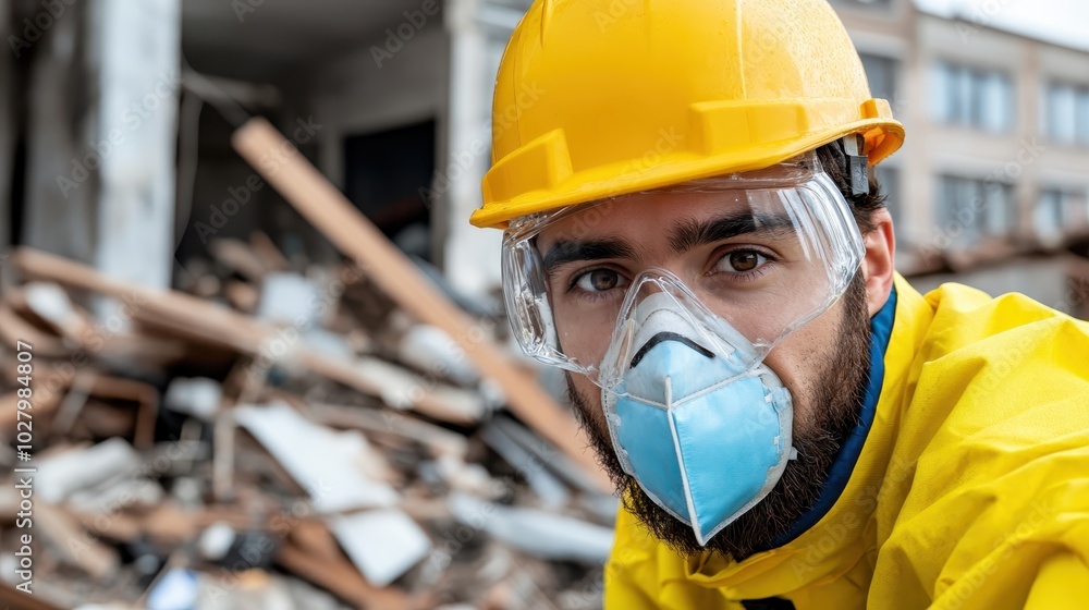 A bearded worker wearing a yellow protective helmet and face mask is positioned amidst a scene of rubble and debris, engaged in demolition and safety tasks. A bearded worker wearing a yellow protective helmet and face mask is positioned amidst a scene of rubble and debris, engaged in demolition and safety tasks.
