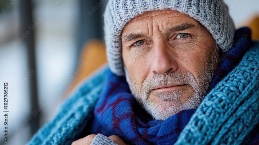 The image features an older man dressed in layered winter wear with a contemplative expression, accented by a knit hat and blue scarf, against a wintery backdrop. The image features an older man dressed in layered winter wear with a contemplative expression, accented by a knit hat and blue scarf, against a wintery backdrop.