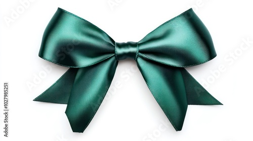 A green satin ribbon tied into a bow, isolated on a white background.