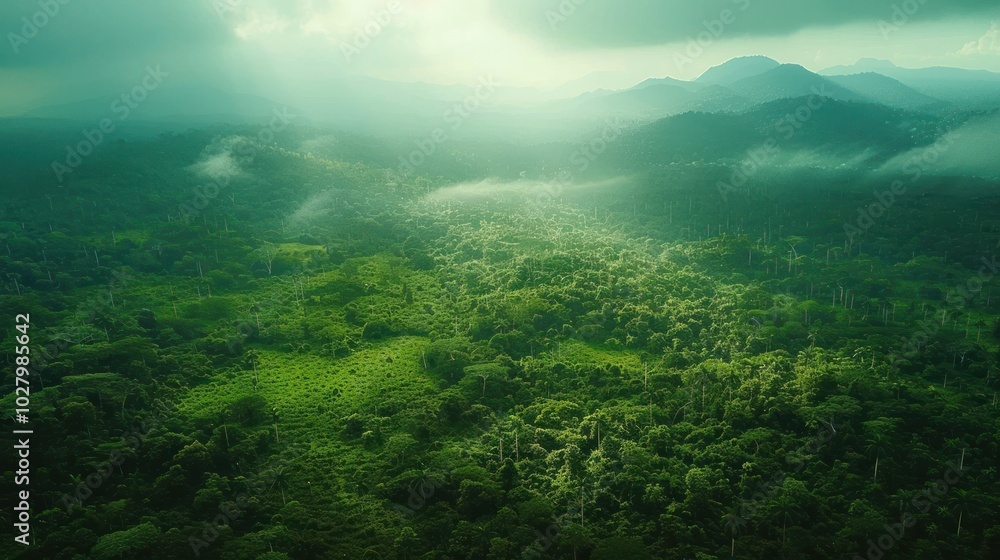 Breathtaking aerial view of a misty lush green jungle landscape with towering mountain peaks emerging through the fog and clouds in a remote untouched tropical rainforest wilderness Breathtaking aerial view of a misty lush green jungle landscape with towering mountain peaks emerging through the fog and clouds in a remote untouched tropical rainforest wilderness