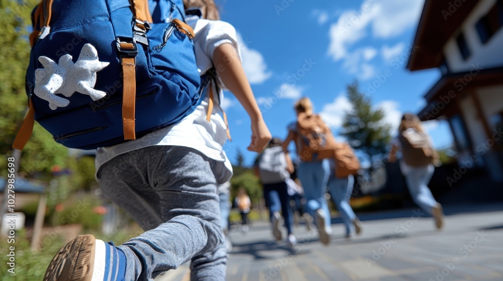 Fototapeta premium A group of children wearing colorful backpacks runs joyfully along a pathway under a clear blue sky, symbolizing freedom, happiness, and the excitement of childhood adventure.