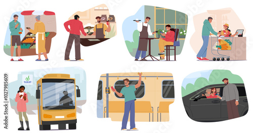 Set of People Using Contactless Payment Methods In Daily Life From Buying Groceries, Dining In A Cafe, Using Transport