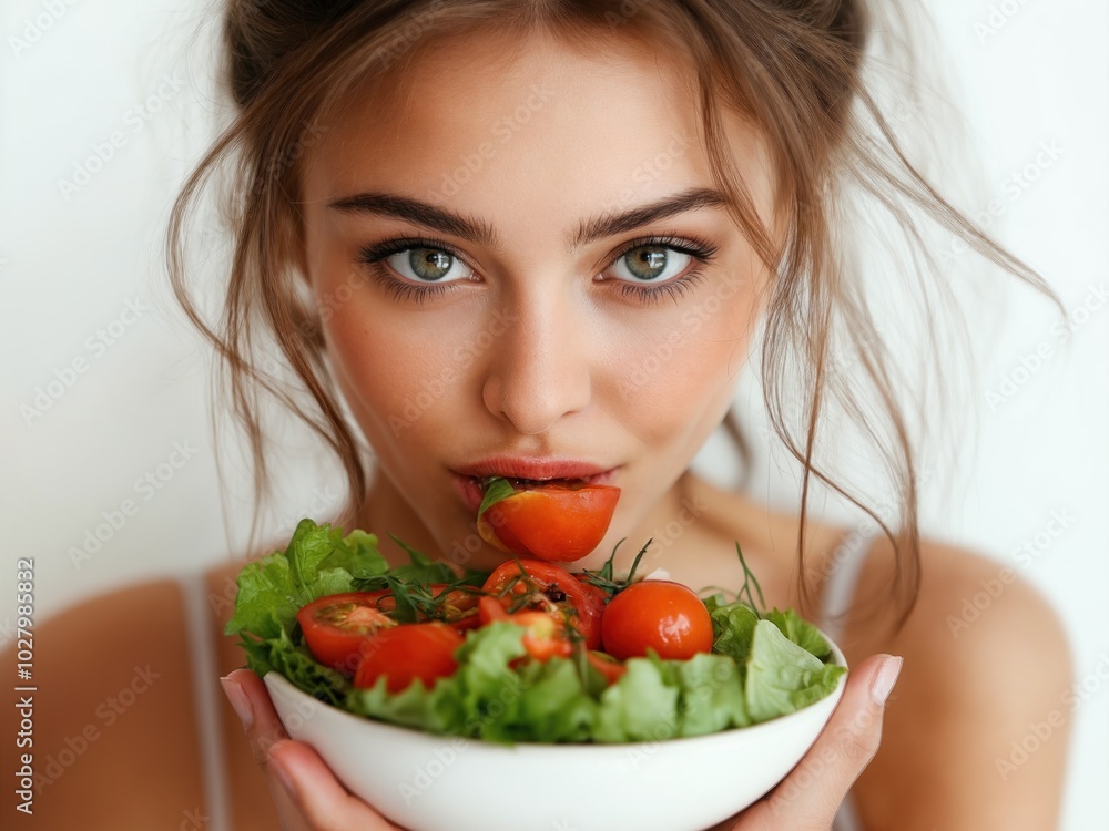 Uma jovem desfrutando de uma salada em um momento de saúde e bem-estar Uma jovem desfrutando de uma salada em um momento de saúde e bem-estar