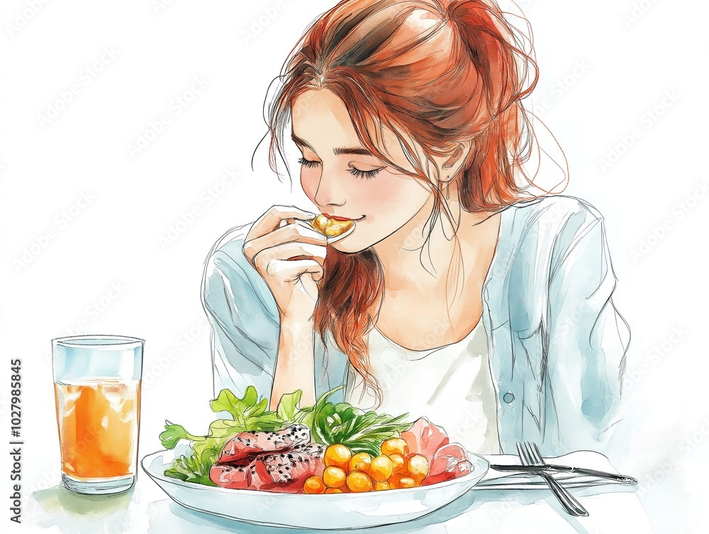 Uma jovem desfrutando de uma salada em um momento de saúde e bem-estar Uma jovem desfrutando de uma salada em um momento de saúde e bem-estar