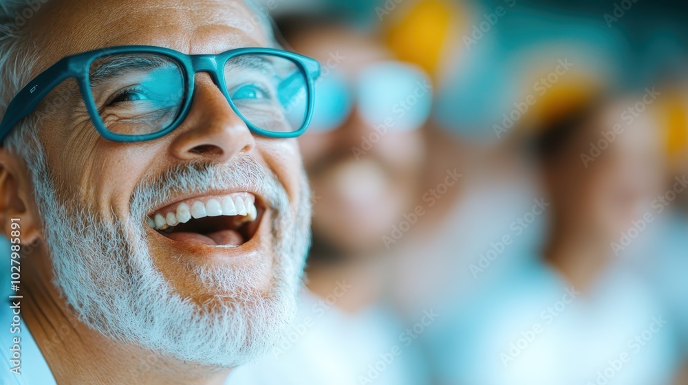 Smiling elderly man with glasses and white beard captured in a candid moment, surrounded by vibrant colors, evoking joy and positivity at an event. Smiling elderly man with glasses and white beard captured in a candid moment, surrounded by vibrant colors, evoking joy and positivity at an event.