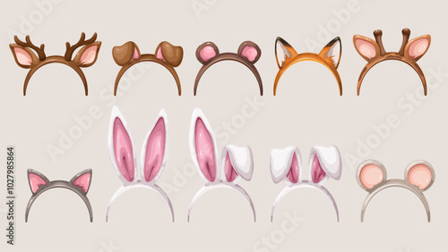Headband set with cartoon ears and antlers of animals. Funny retro carnival party costume elements collection. Cartoon ears decoration of baby bunny cat dog fox mouse deer vector illustration