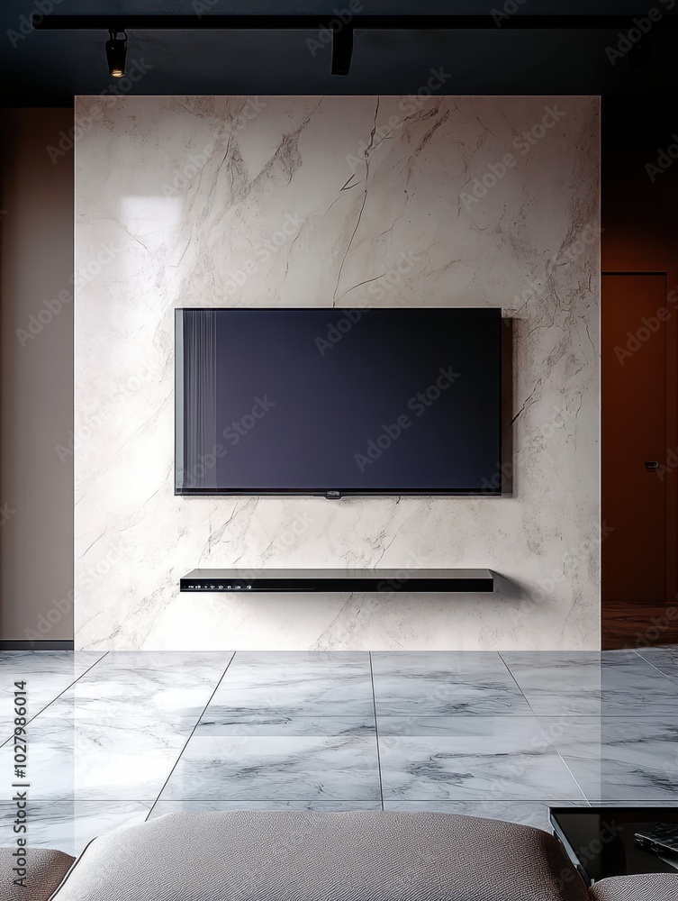 Minimalist Loft Style for a Modern Living Room with TV on Marble Wall Minimalist Loft Style for a Modern Living Room with TV on Marble Wall