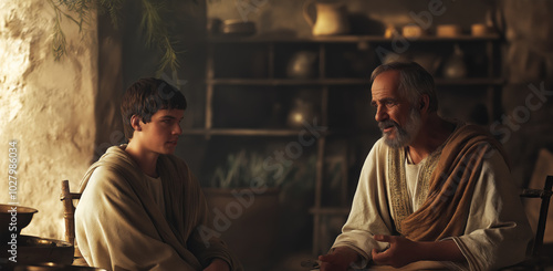 prodigal son  talking heavily with his father inside a house․  Biblical story photo